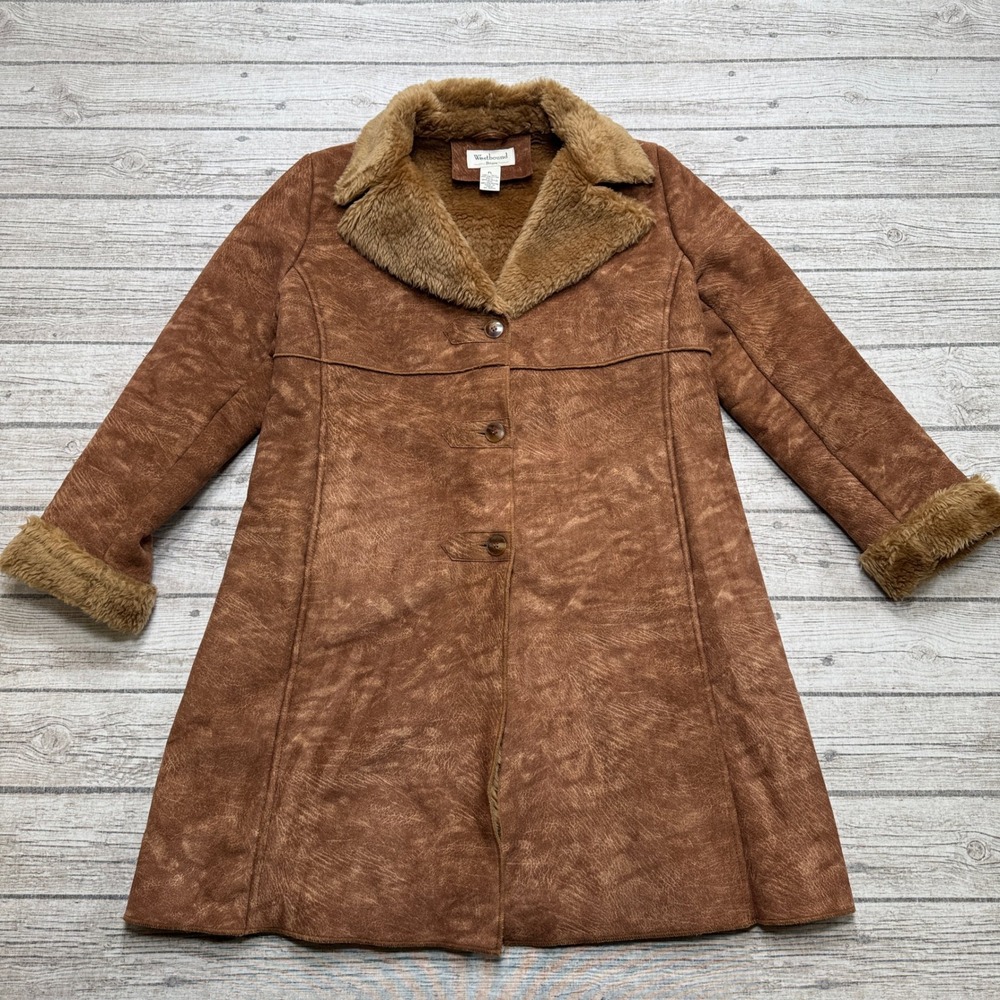 Westbound Coat Women's PL Brown Fur Trim Faux Suede Shearling Notched Outdoor